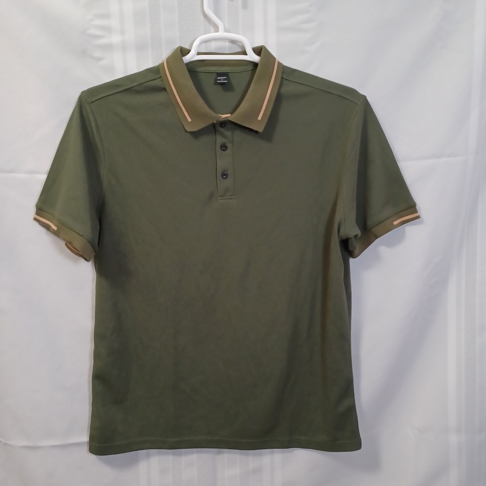 Manfinity Polo Shirt Mens L Olive Green Short Sleeve Striped Trim Pique Knit